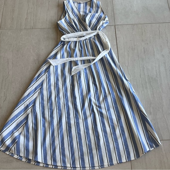 Italian Made Maxi Cotton Blend Dress Blue | White Stripes Size M - Picture 3 of 8